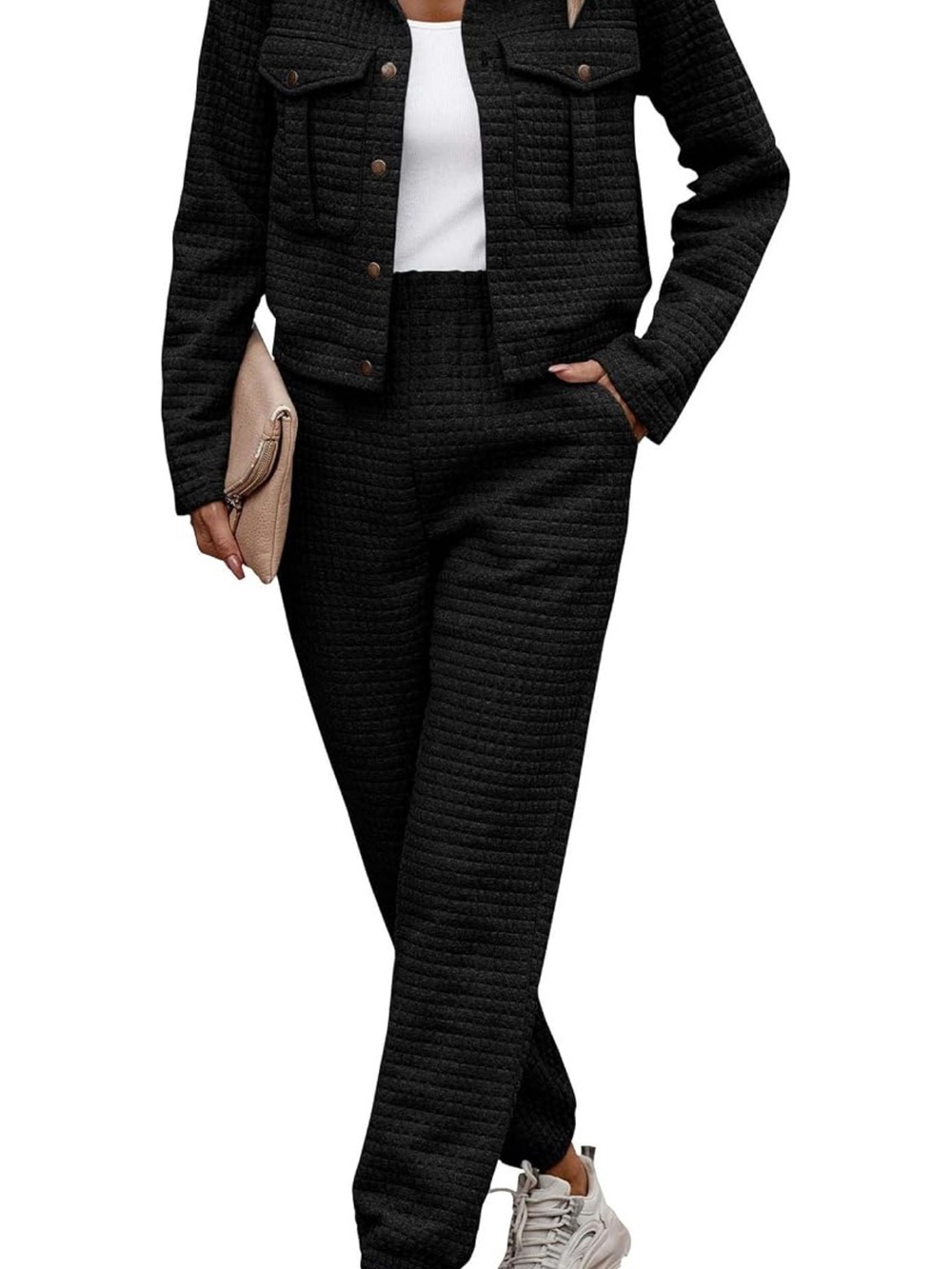 Classic Black Quilted High-Waist Pants and jacket